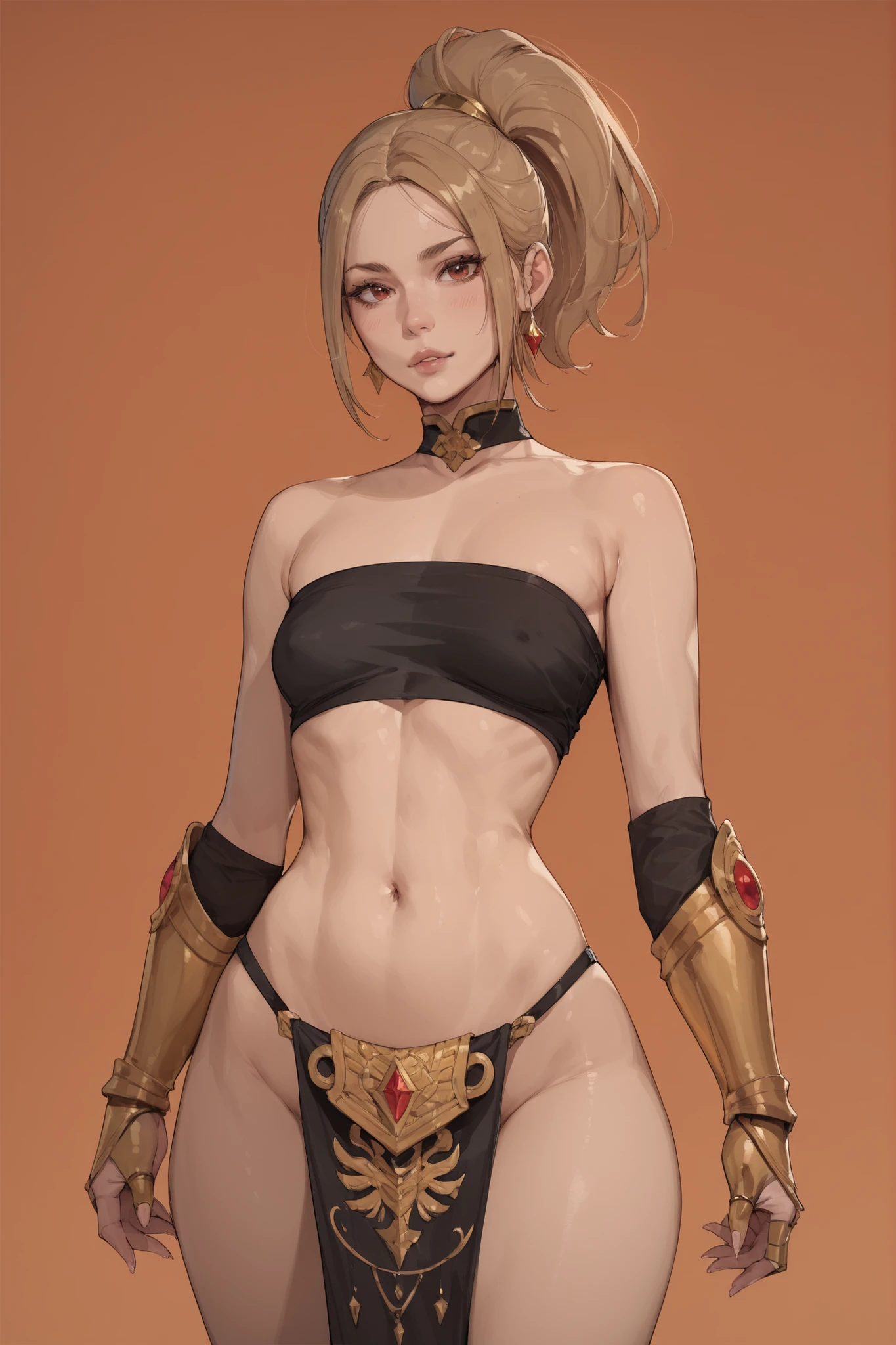 full body toe to head, masterpiece, 1soloMILF BIMBO standing yellow loincloth and yellow bra, left hand on hips and right hand down pose, leather collar choker neck bell shackles wristbands bracers bracelets sleeves and stockings, strong body, abs, shiny skin, wearing a big belt (Nylon Belt for Women) (plain background))