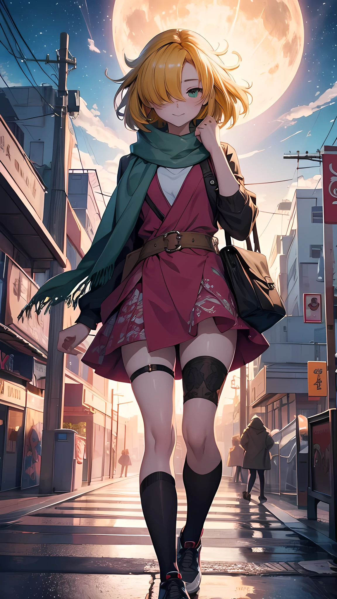 Ultra-realistic 8kCG,tmasterpiece,((hyper detailed background,delicate patterns,intricate-detail)),best qualtiy,extremely detailed man,extremely detailed eye and face,extremely detailed eye, (Night city:1.2) One Girl, 19 years old, Asian, Anime visuals of cute girls, Cute anime girl, , Cute Anime, Cute:2, anime style 4 k, kawaii realistic portrait, cute anime style, young anime girl, Laid back girl, 1girl, future princess guardian tales, yellow hair, short hair, hair band, bangs, hair over one eye, one eye covered, green scarf, Sweater, long skirt, stockings, sneakers, Sling bag,enchanting posture, , ssmile,