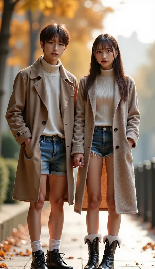 2heads, male female couple, two heads on one body, age 22, Irish, casual outfit, in the city, evening,
