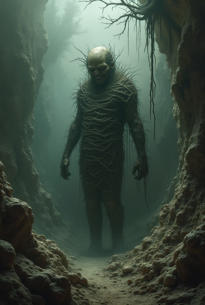 a man who is in burrow that is wide and taller that the man. the burrow is very dark and scary . The man's body is covery with black and crusty material. there is a very bright light standing out of the burrow that the man can not even see it. the light pulls out the man by using his hand while doind this the crusty material falles down from his body and his body is becoming brighter when the crustry material falls off . the picture is taken out of the burrow.