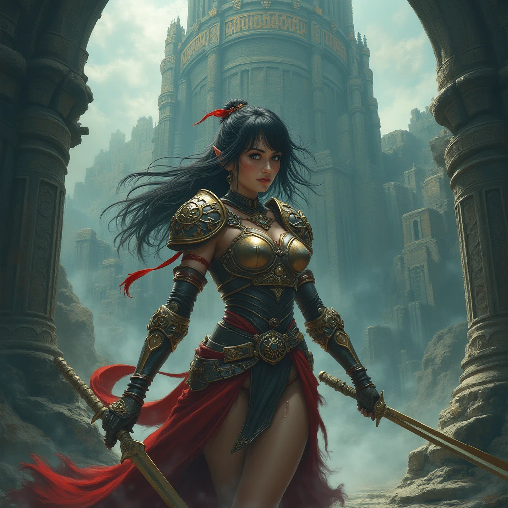Create an image of a muscular woman with short black hair and yellow eyes in anime style with an angry face 1.80 meters in medieval clothes and holding a large sword larger than her resting on her shoulder on a battlefield