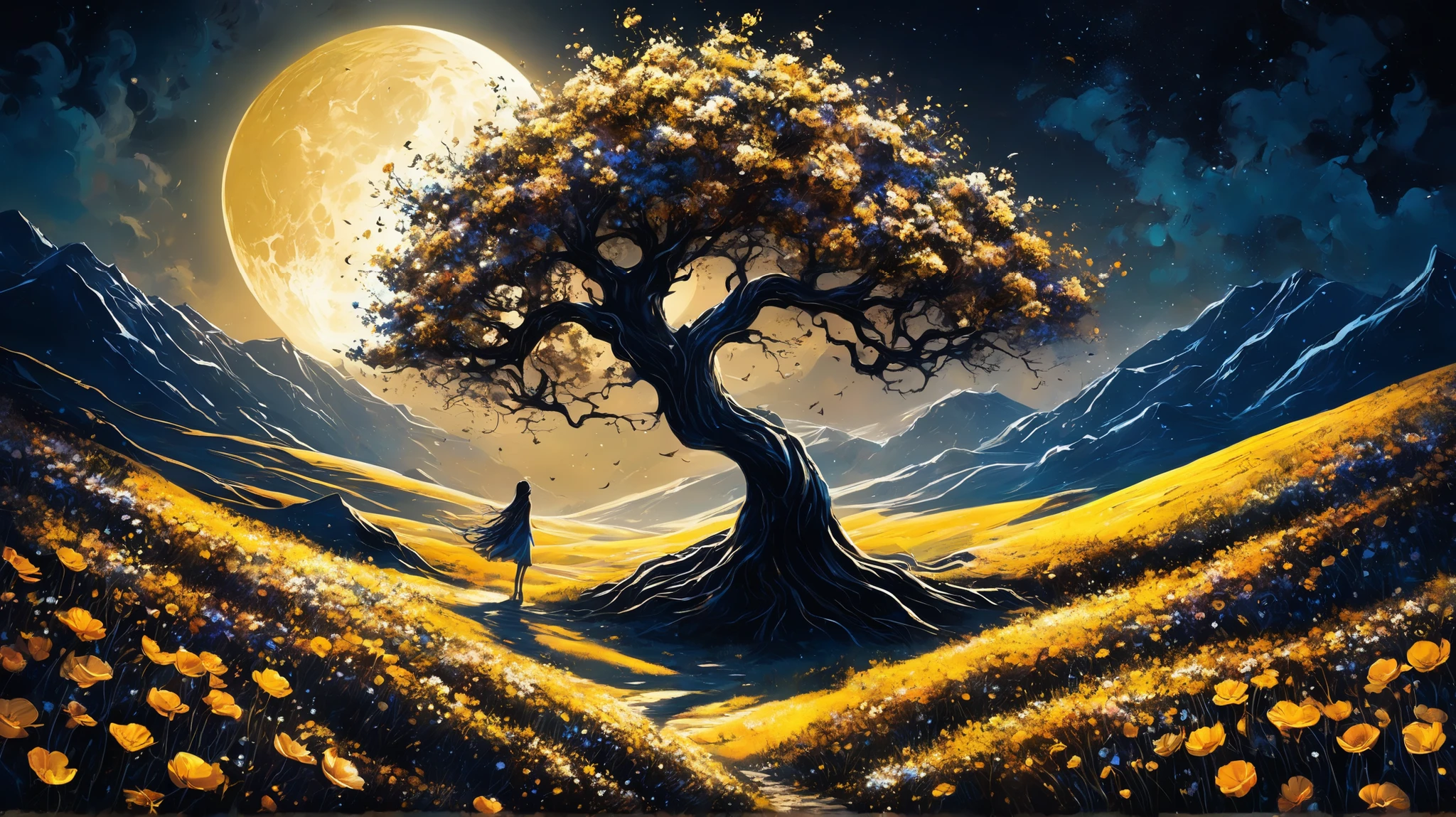 vetor arte, surreal, a field of flowers, in the distance an old tree, mountains, textures, it appears as a shadow, In front of the majestic crescent Moon, The wind causes flower petals to fly, giving a mystical air to the scene, In the foreground, The Shadow of a Girl, watches the scene in wonder, Her hair flies with the wind , and are confused with flower petals. Golden palette, black, white. Atmosphere aetherea, starry sky. and high contrast.