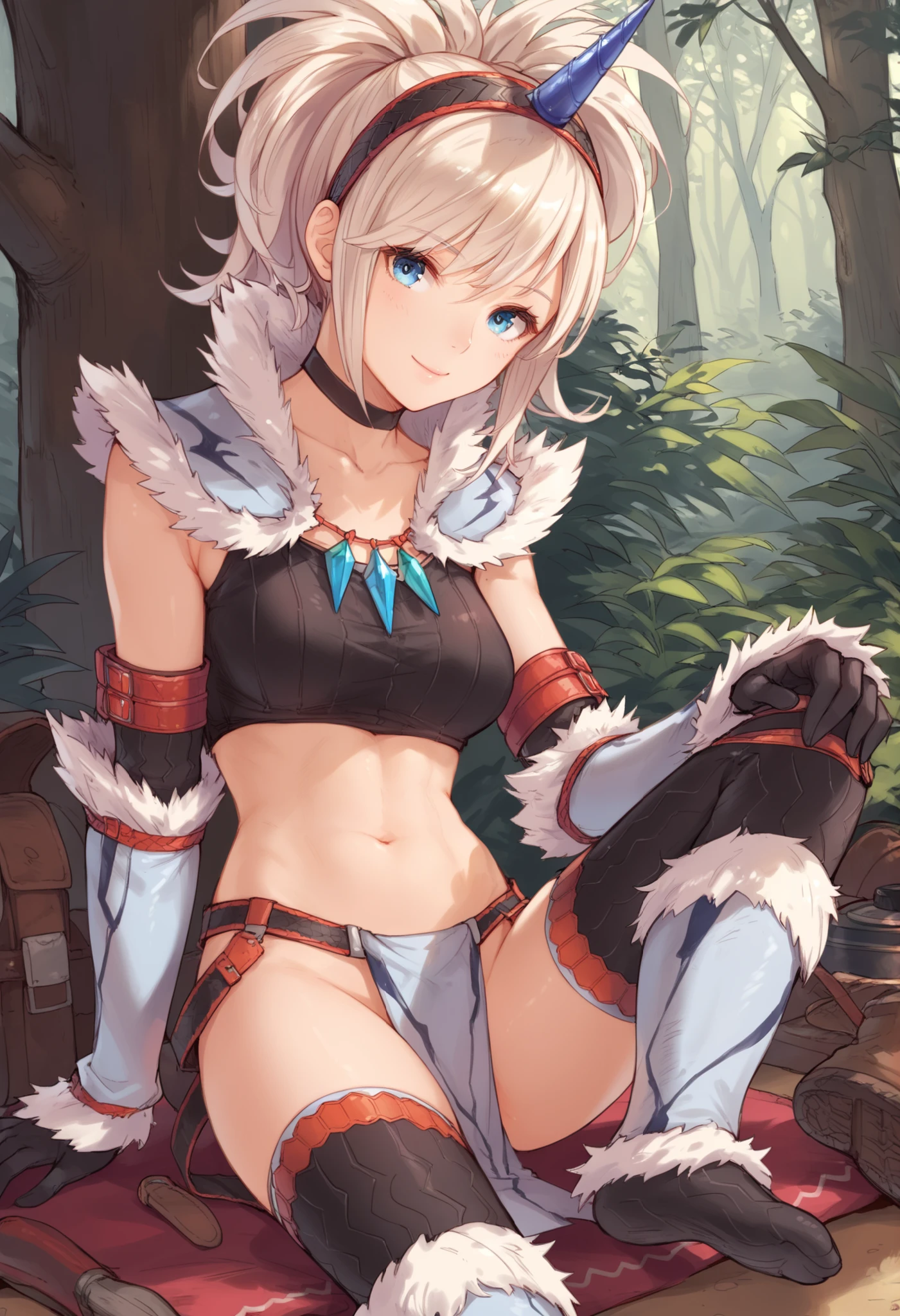 (score_9:0.9),score_8_up,score_7_up,rating_explicit,anime_style,(zPDXL),kirin beta armor,white single horn hairband,white detached sleeves,oung_girl,solo,blue eyes,looking at viewer,sitting,smile,plain_background,medium breasts,,closed mouth,collarbone,black bandeau,white loincloth,BLAKE,medium_breasts,white_knee_boots, camp, campdire,black_knee_highs ,white_tubetop,open_legs,(abs:0.7),(spikey_hair:1.4),white_hair,white_chest_armor,white_fur_waste_armor,
