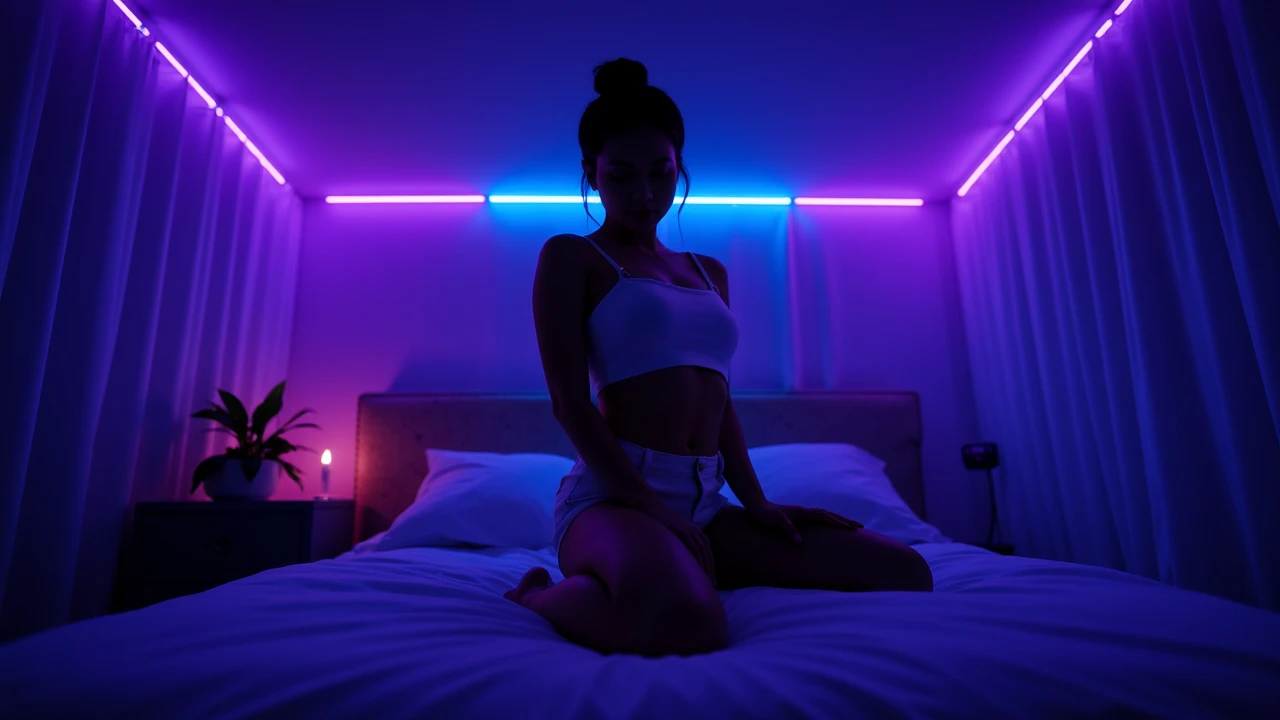 cinematographic of a skinny nerdy lesbian caucasianlittle_fancy with glasses, cabelo azul, cabelo liso mais curto, Apoiado na parede, no quarto, lingerie roxa, desfrutando, Girlish, hot Girlish, (((medium breasts))), look at the camera, Symmetrical face, fotorrealista, cinematographic, spectacular lighting, splendid, decote, ocidental, (obra-prima), A melhor qualidade, high resolution, Pele extremamente detalhada, fundo desfocado, Profundidade de campo, cinematic lighting, Recorded with professional DSLR camera