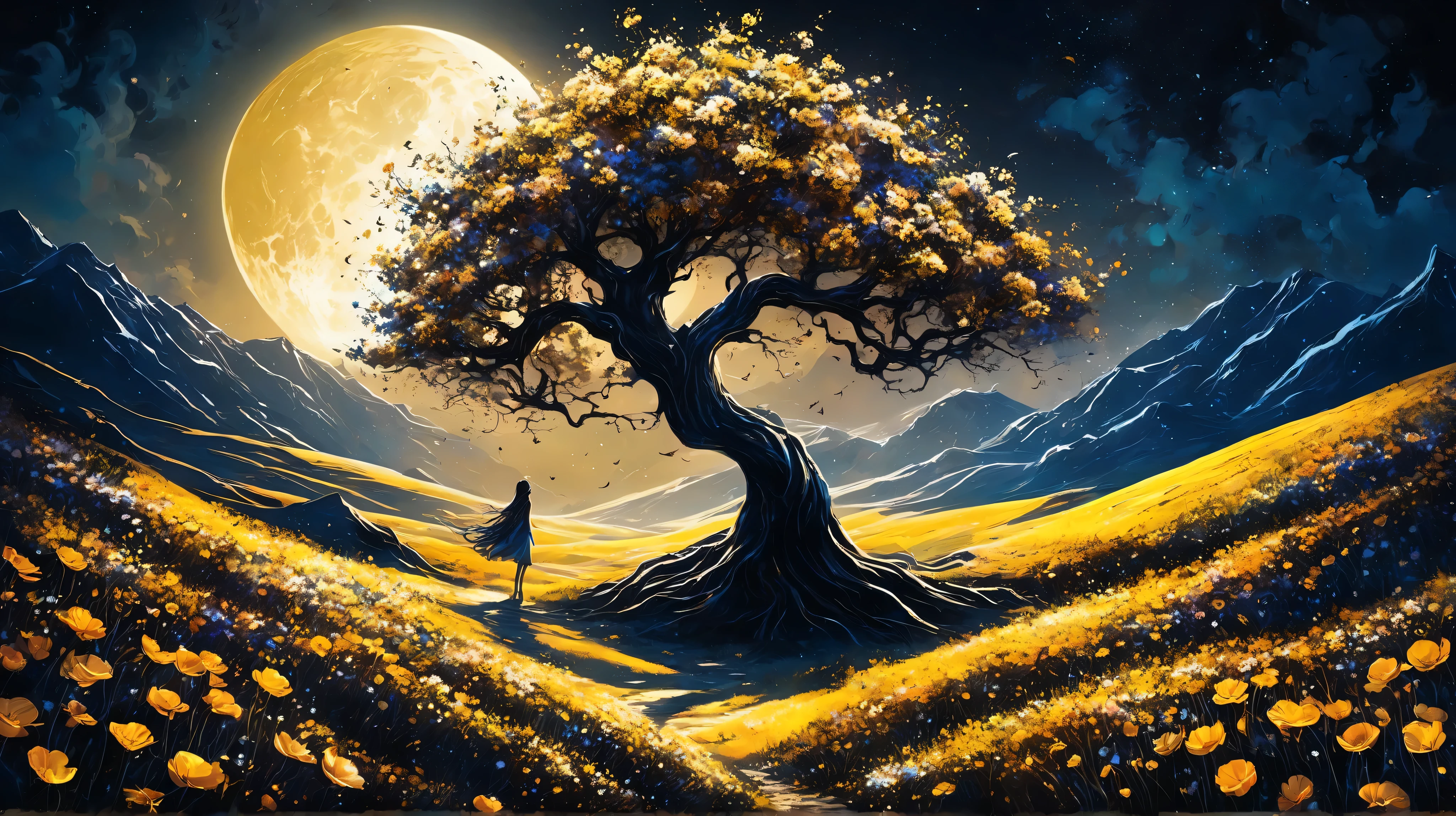 vetor arte, surreal, a field of flowers, in the distance an old tree, mountains, textures, it appears as a shadow, In front of the majestic crescent Moon, The wind causes flower petals to fly, giving a mystical air to the scene, In the foreground, The Shadow of a Girl, watches the scene in wonder, Her hair flies with the wind , and are confused with flower petals. Golden palette, black, white. Atmosphere aetherea, starry sky. and high contrast.
