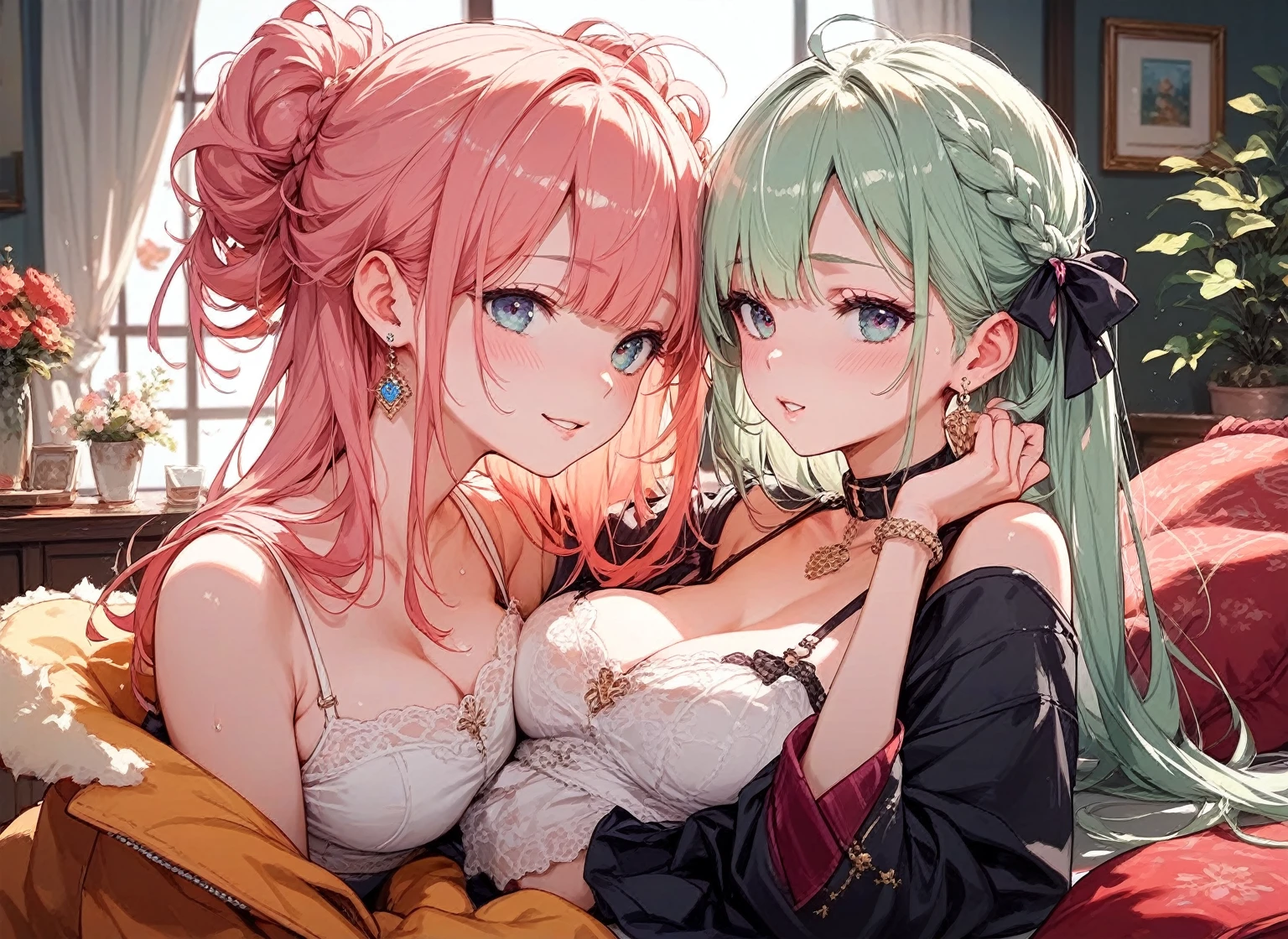 , (2girls:1.3), couple, blonde hair, pink hair, solo, long hair, light green eyes, mascara, makeup, looking at viewer, collarbone, cleavage, detailed eyes, (close up), gleaming skin, shiny glossy skin, big round breasts, busty