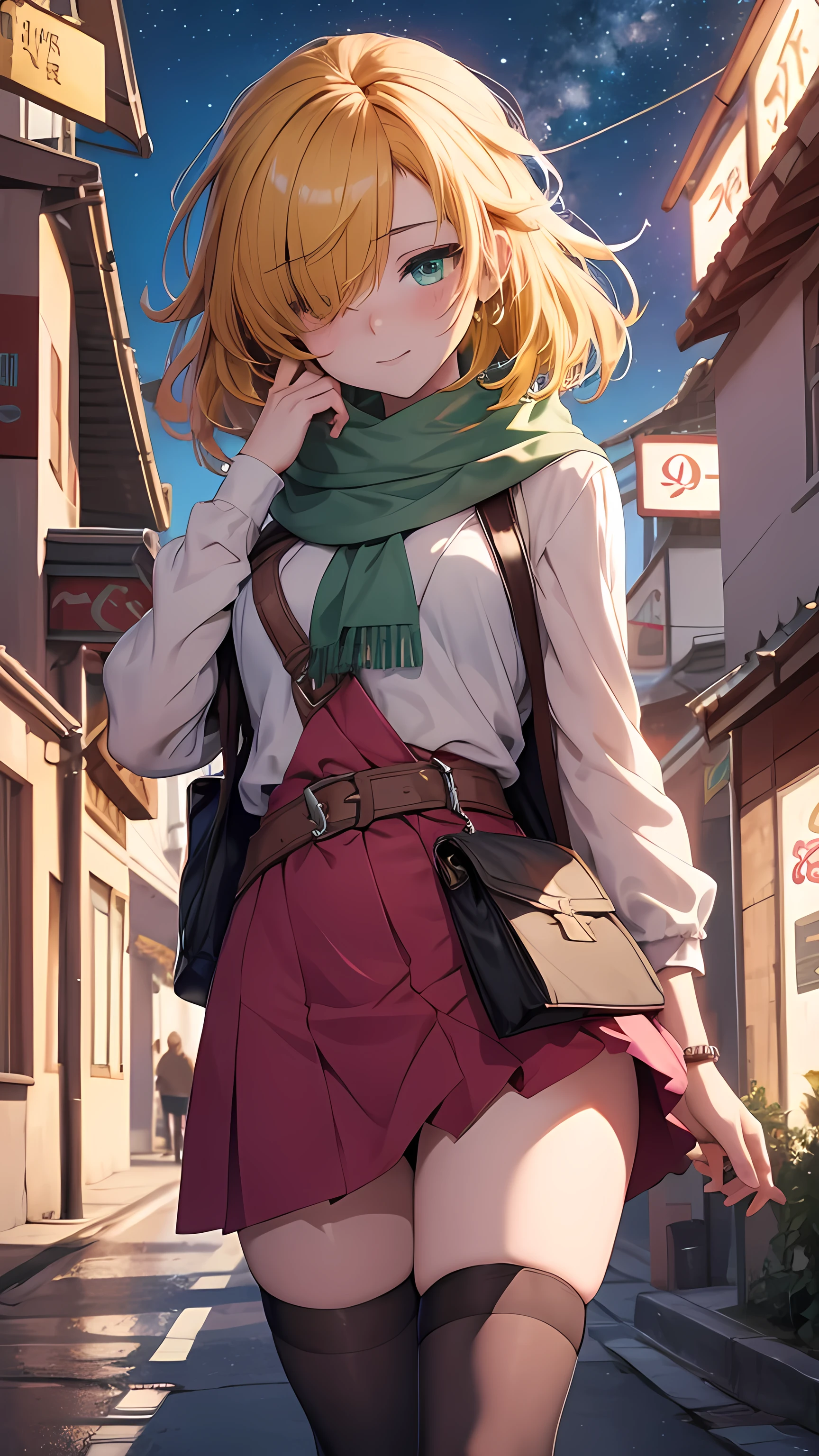 Ultra-realistic 8kCG,tmasterpiece,((hyper detailed background,delicate patterns,intricate-detail)),best qualtiy,extremely detailed man,extremely detailed eye and face,extremely detailed eye, Night sky, Beautiful night, stars,(Night city:1.2) One Girl, 19 years old, Asian, Anime visuals of cute girls, Cute anime girl, , Cute Anime, Cute:2, anime style 4 k, kawaii realistic portrait, cute anime style, young anime girl, Laid back girl, 1girl, future princess guardian tales, yellow hair, short hair, hair band, bangs, hair over one eye, one eye covered, green scarf, Sweater, long skirt, stockings, sneakers, Sling bag,enchanting posture, , ssmile,
