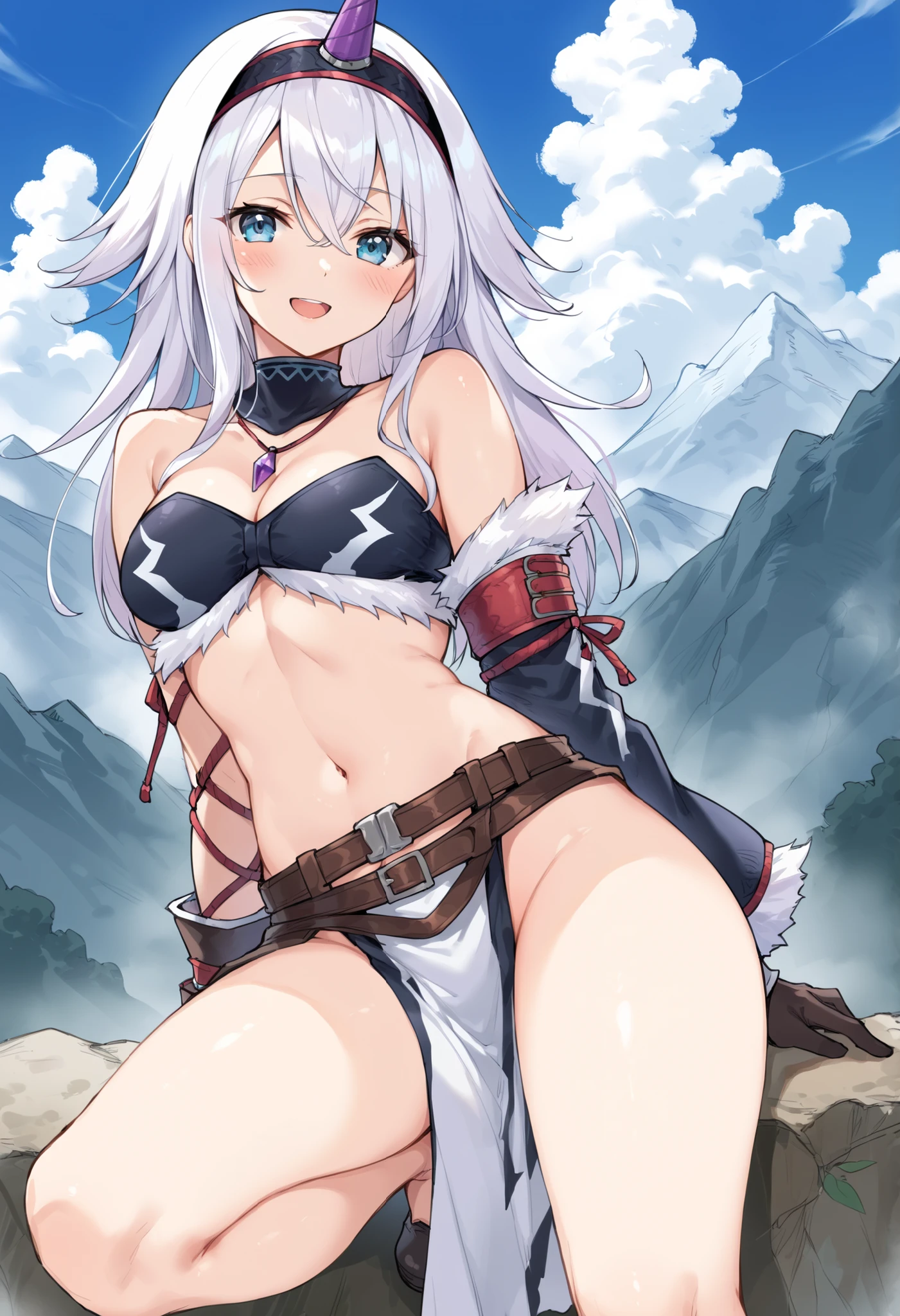 ( score_9:0.9), score_8_up, score_7_up,rating_explicit, anime style,(zPDXL), r armor,  purple single horn headband, oung_girl, Alone, long_gloves,  black_knee_high , white_long_hair, shaggy_bang,Blue Eyes,  under the arm, arms,  medium_breasts , black_tubetop,mountain_background,wide_shawl, Detachable_long_Sleeves,(abs:0.6),white_fur_waste_armor,smile,(crotch_curtain),blush,light_open_mouth,smart_waste