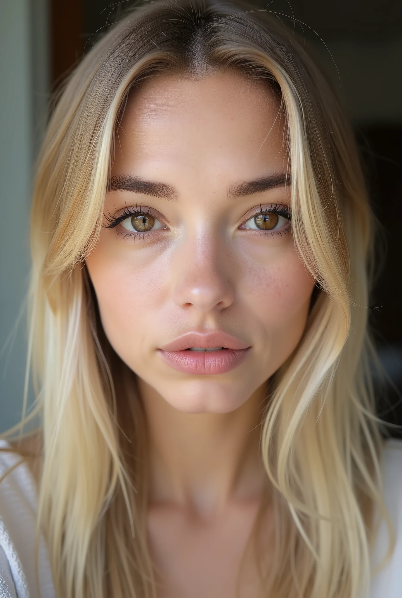 Photo of a woman with textured white skin, with blond straight hair, light brown eyebrows, square face, almond-shaped dark brown eyes, Tall Growth, long black eyelashes , The nose is medium-sized, without makeup. Girl looking right into the frame, full face