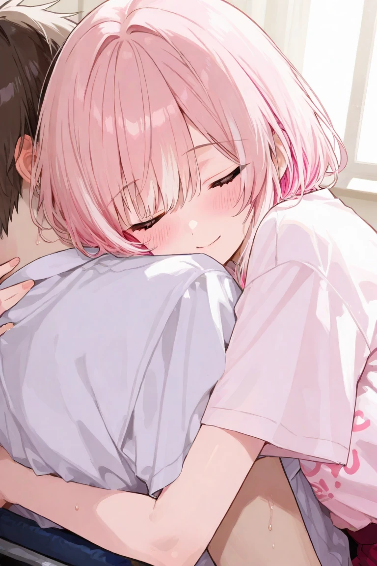 masterpiece, Highest quality, so beautiful, Absurd,High resolution,One girl, One boy,Cuddling in bed, like,sexy,Look at each one, blush,Age difference,bow tie,Blonde,chest,Long Hair,Pink Hair,pleated skirt,Tucked in shirt,short hair,skirt,smile,Tent shirt