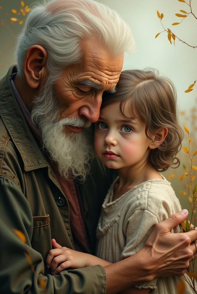 Father and daughter look directly down at the viewer from above and are surprised