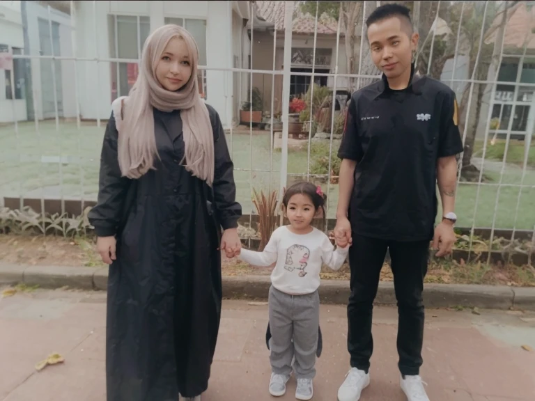 Potret keluarga. Ayah pakai kemeja putih pakai topi.ibu berambut hitam dan anak laki laki usia 17 tahun.indonesia