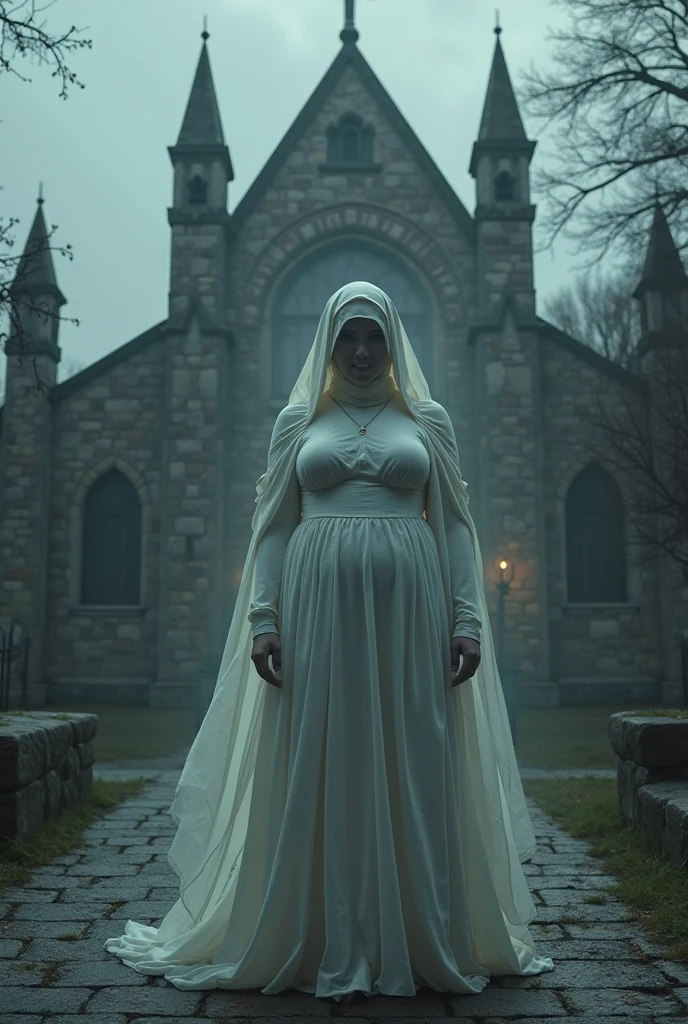 Masterpiece picture, masterpiece photography, hi-resolution picture, full body picture, mid-aged woman. Dressed in the attire of a nun convent, detailed nun apparel, big round breasts, wide cleavage breasts and skinny body, long red-hair, big brown charm eyes. Devoted reciting a pray with raised face, open arms, and eyes closed in an attitude of devotion. In a forest path broad daylight. Detailed forest surroundings. Wearing extremely detailed nun apparel. (shallow depth of field))