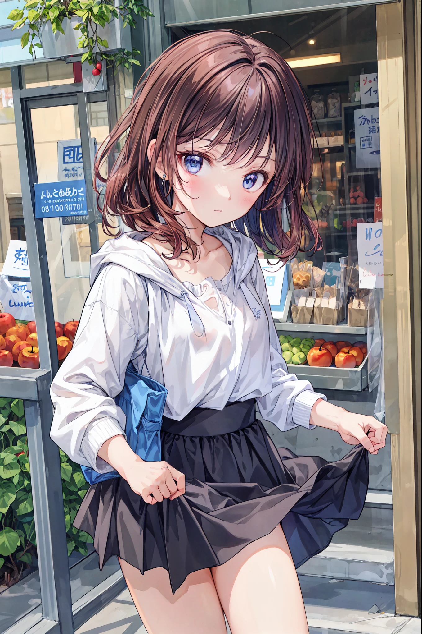 high resolution raw color photo , Professional Shooting, (((Bokeh))), written depth of the border, Many apples have fallen from the sky 、camisole、短いhair、chest, hair,shortcuts,左目の乱れたhair,短い編み込みのhair, Neat , Slender beautiful woman, correct posture,small breasts,Beautiful Legs,Your enchanting gray-blue eyes shine like stars,dull eyes,bright color,Beautiful Eyes,A delicate smile,textured skin,Best Quality, A Parody of a Gentle and Beautiful Woman ,anime style、
