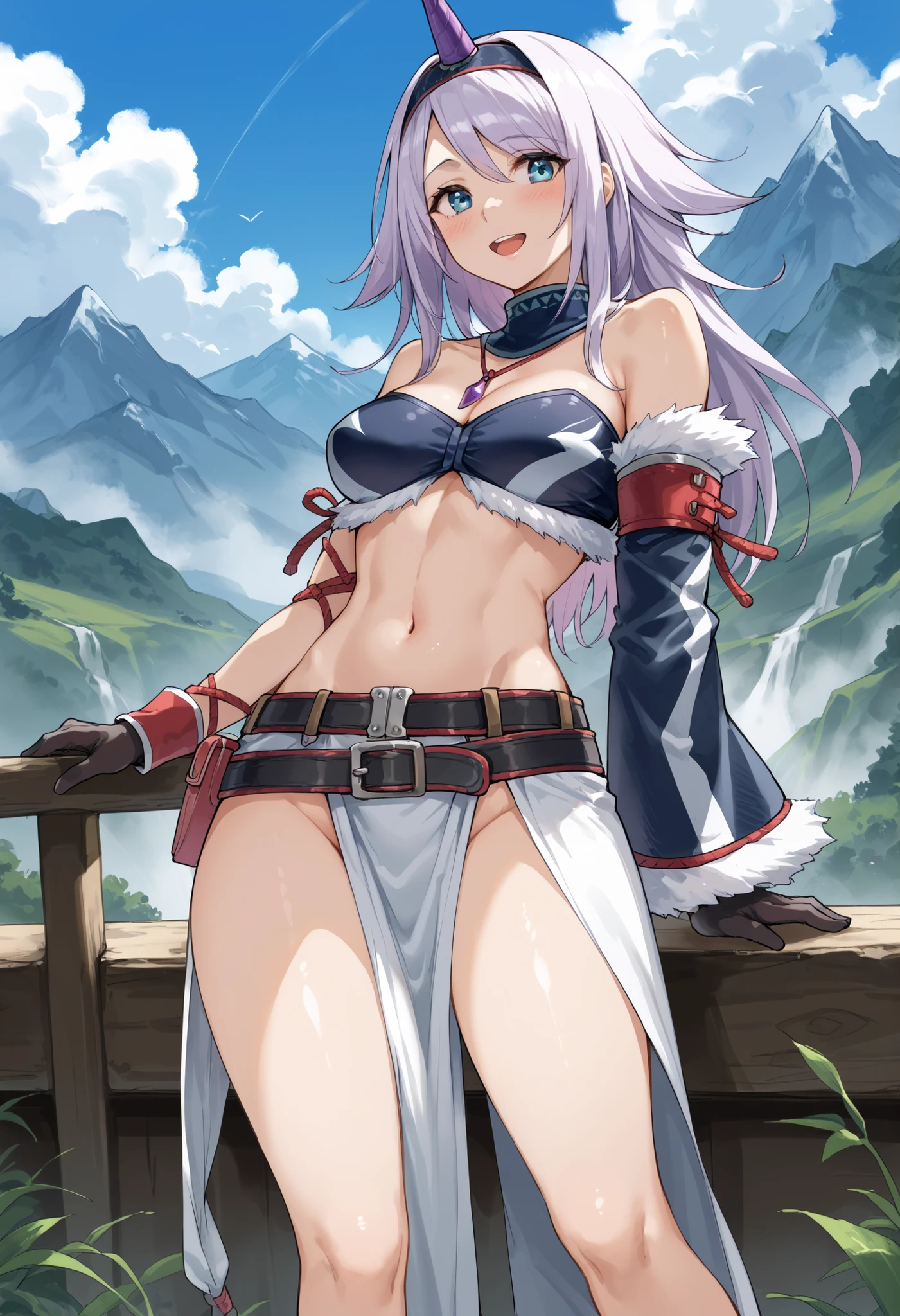 ( score_9:0.9), score_8_up, score_7_up,rating_explicit, anime style,(zPDXL), r armor, purple single horn headband, oung_girl, Alone, long_gloves, black_knee_high , white_long_hair, shaggy_bang,Blue Eyes, under the arm, arms, medium_breasts , black_tubetop,mountain_background,wide_shawl, Detachable_long_Sleeves,(abs:0.6),white_fur_waste_armor,smile,(crotch_curtain),blush,light_open_mouth,smart_waste