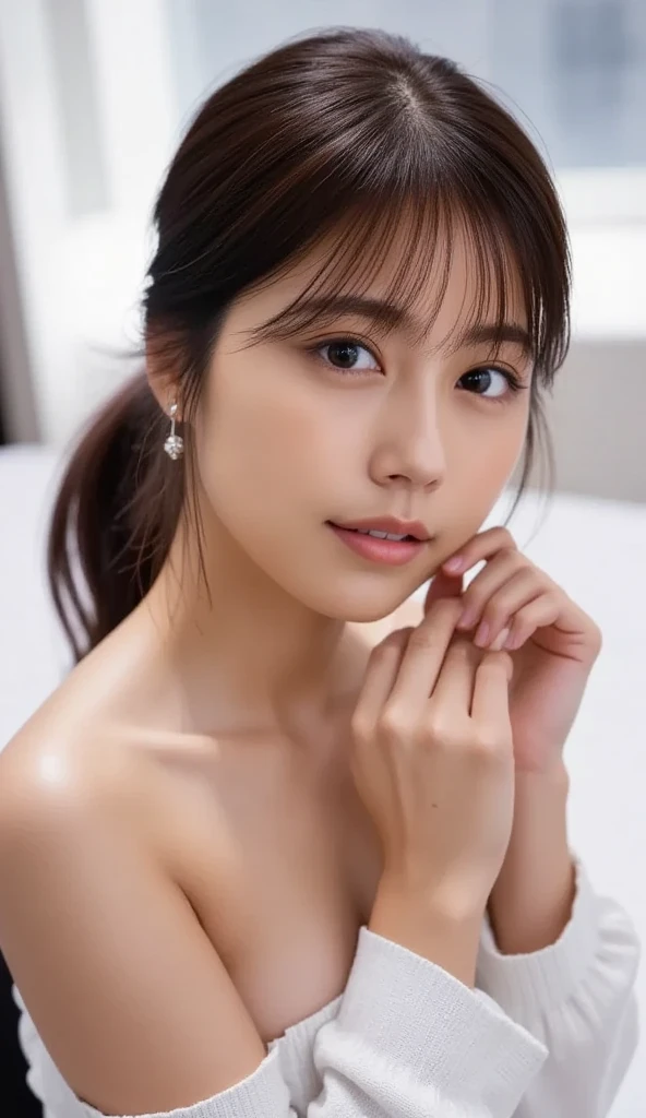 (Floral Nightgown, Complex colors, Turn your back:1.4),
((Sexy atmosphere, Putting a penis between the breasts, hold out your lips, A sigh escapes, Disheveled Hair)),
((Are my breasts beautiful??, Please kiss my mouth, Touch my ass, I want to have sex with you, I want to take your dick in my mouth:1.2)),
((Luxury Resort Hotel, I lie down on a white futon, Start taking off your underwear, No bra, I can see your beautiful thighs:1.5)),
((highest quality, 8k, masterpiece: 1.3)), Perfect body beauty: 1.4, (Breast A cup:1.2), Small breasts, Round shaped breasts, Perfectly shaped breasts, Highly detailed face, Beautiful woman, (Dark brown shortcuts), Slim face, Highly detailed face and skin texture, Highly detailed lips, (Realistic:1.4),
((28 years old, A sexy, beautiful female announcer:1.2)),
((Earrings that match your outfit, Silver Necklace:1.2)),
((Dark room, lamp:1.2)),
((Raise your chin slightly)),
((Squint your eyes)),
((purse your lips:1.2)),
((Blushing:1.2)),
((Open your mouth a little to show your white teeth)),
((Fluffy cleavage, Small breasts,Flat Chest:1.2)),
Narrow shoulders, Long, slender legs, Thin waist,
Ultra-detailed skin, Glossy Skin, Ultra detailed face, Ultra detailed breasts,
Ultra-detailed eyes, Slit eyes, Brown eyes, double eyelid, Beautiful thin eyebrows, Thin, long eyelashes,
Ultra-detailed lips, Fuller lips, Glossy pink lips, Flushed Cheeks, White teeth,
Beautiful actress's languid make-up, Pink lipstick, Smoky eyeshadow, Eye foundation,
Dark Brown Hair, Delicate and soft hair, Hair blowing in the wind,
(Elegantly putting your hair up, Medium Short Hair, ponytail:1.2),