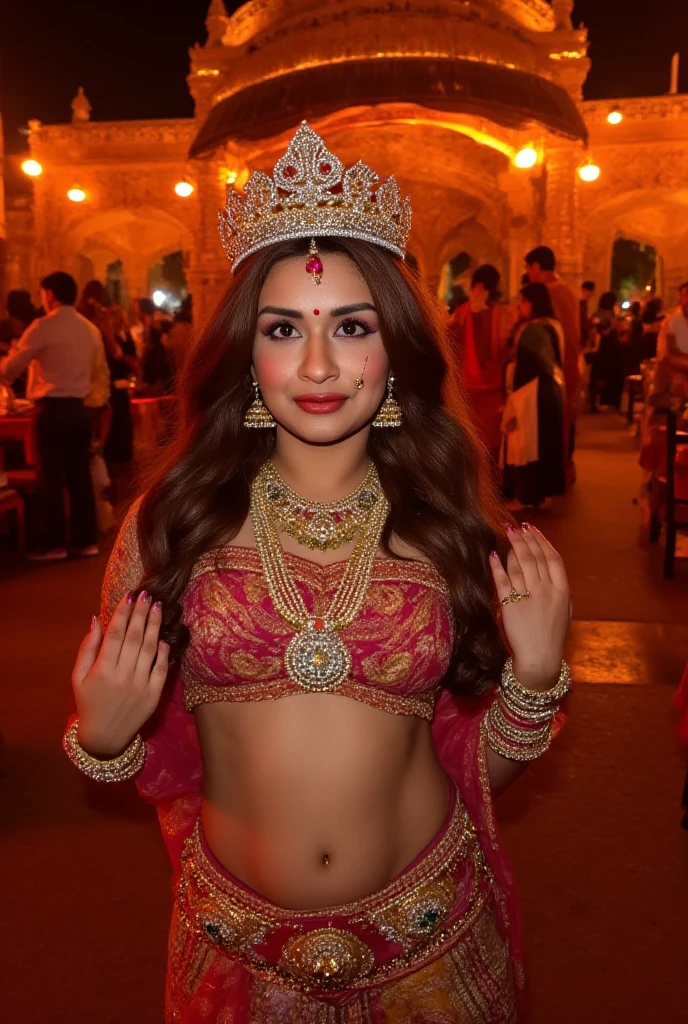 off-shoulder , long hair, cleavage, dirty dress, drunk crowd, wild hair, kneeling