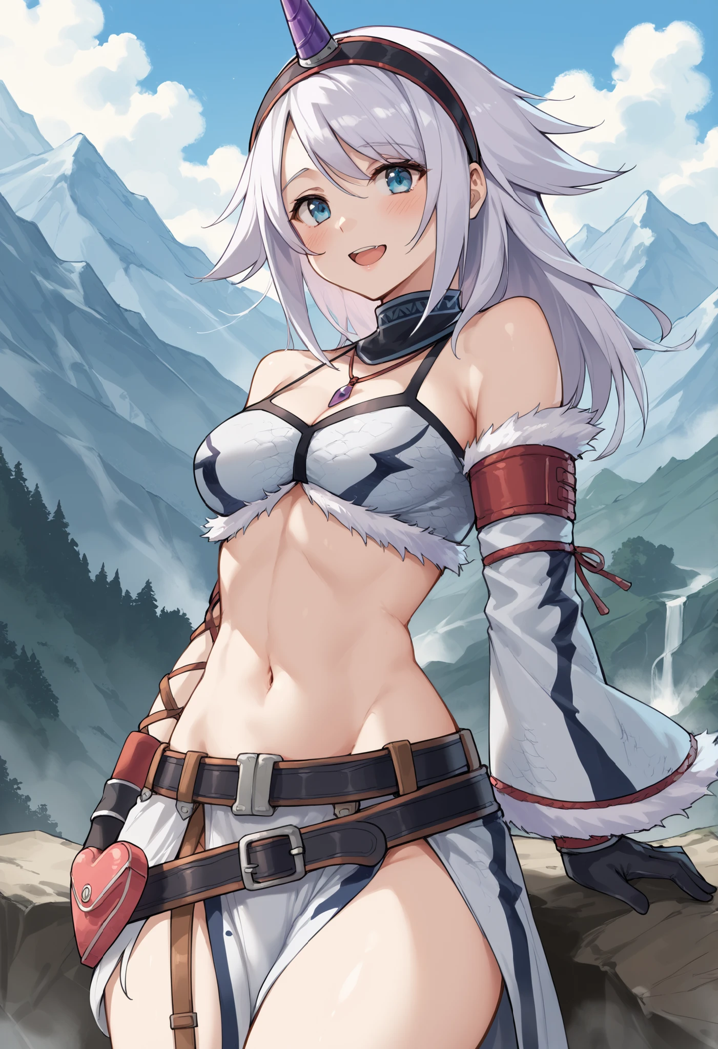 ( score_9:0.9), score_8_up, score_7_up,rating_explicit, anime style,(zPDXL), r armor, purple single horn headband, oung_girl, Alone, long_gloves, black_knee_high , white_long_hair, shaggy_bang,Blue Eyes, under the arm, arms, medium_breasts , black_tubetop,mountain_background,wide_shawl, Detachable_long_Sleeves,(abs:0.6),white_fur_waste_armor,smile,(crotch_curtain),blush,light_open_mouth,smart_waste