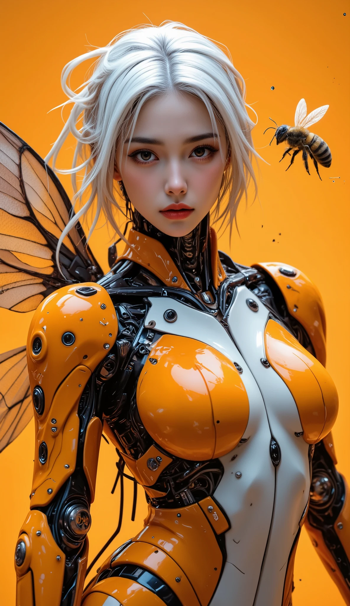 8,000, masterpiece, highest quality, Futuristic nude woman portraying a bee, cyberpunk, Orange and white color scheme , Mechanical wings, smooth design , hexagonal honeycomb background , orange glow , digital art, Highly Detailed, 3D Rendering, Sci-fi Concept Map , insect, Android, Biomechanics , Glossy effect, complex machinery , Gold Highlights , dynamic pose, floating bee partner , strongly contrasts , Vivid Colors, Surrealist Textures