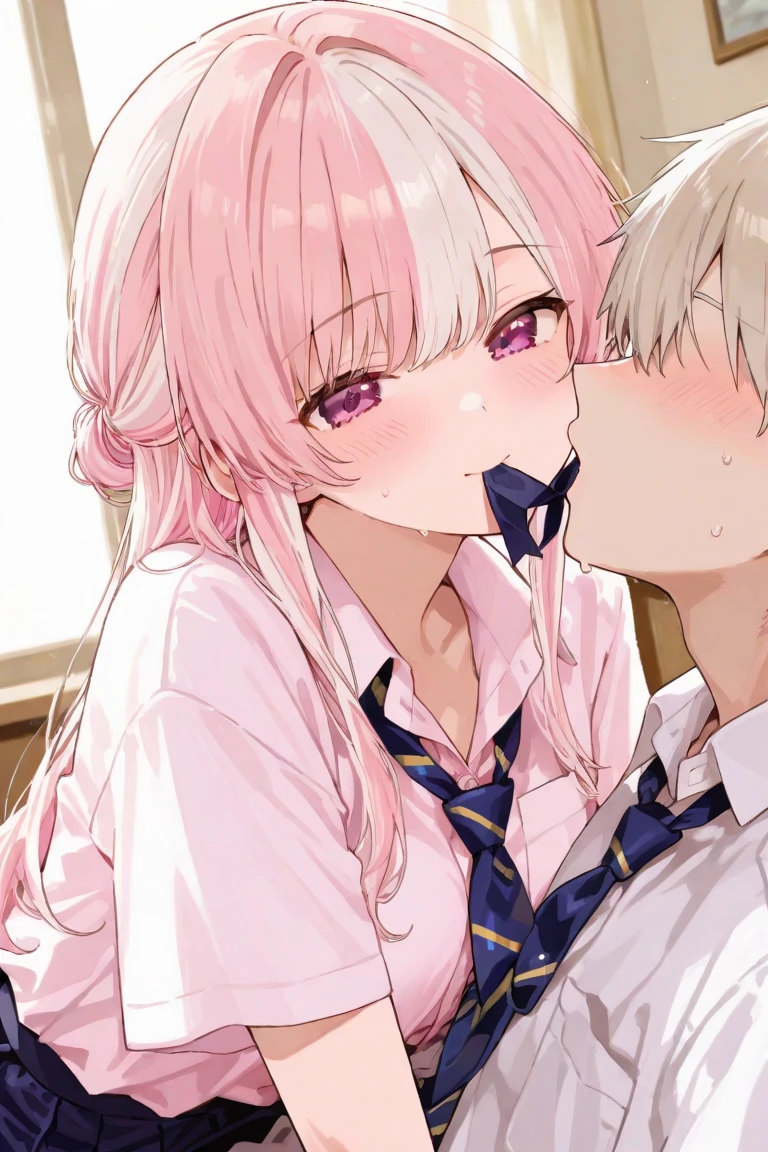 masterpiece,Beautiful adult woman ,Megurine Luka,Big Breasts,Bunny girl,Black leotard,Pink long hair,blue eyes,Embarrassed expression,blush,Surprised when she sees his penis,Grabbing or touching the penis,Blowjob,Deep in the mouth,Bedroom,front,Complete human body