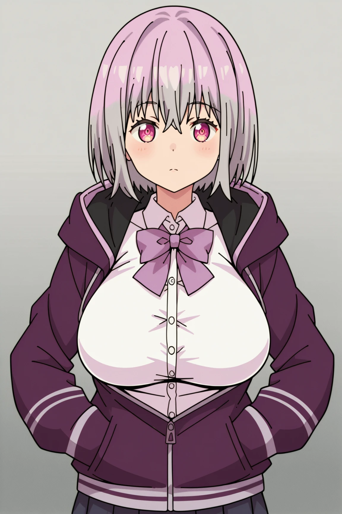 masterpiece, highest quality,best quakity, High resolution, Ah Akane, short hair, Red eyes, Large Breasts, Purple bow tie, Collared shirt, White shirt, Off the shoulder, Purple Jacket, Partially defrosted, Long sleeve, Sleeves are longer than the wrist, Pleated skirt, Black Skirt, pantyhose, Cowboy Shot, Are standing, evil smile,evil huge laugh,open mouth,(Best picture quality, 4K, 8K, High resolution, Masterpiece: 1.2), ultra detailed,  Sinister Veil of Shadows,black and dark aura background,black light,