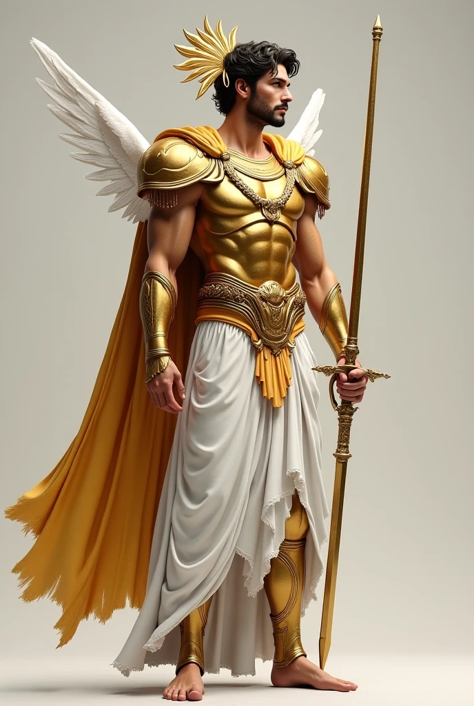 Create image of a very handsome white man with curly hair like the God Hermes from Greek mythology with a muscular body, Greek clothing, sandals with wings on his feet and a caduceus with two snakes intertwined in his hand and a hat with wings also on his head