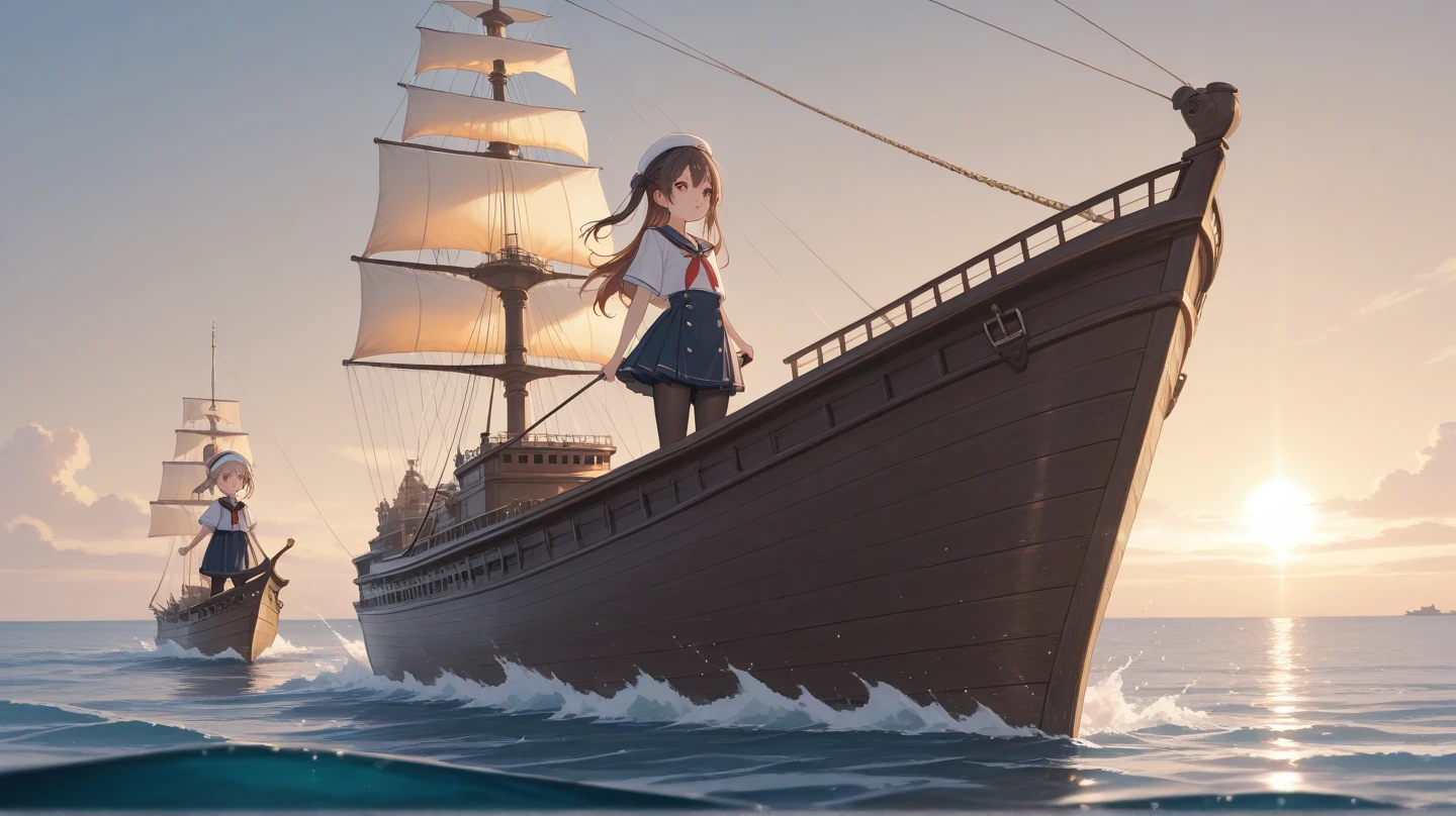 A girl posing cutely in front of a large sailing ship、Bokeh effect strong、Blue sky、cloud、Ocean