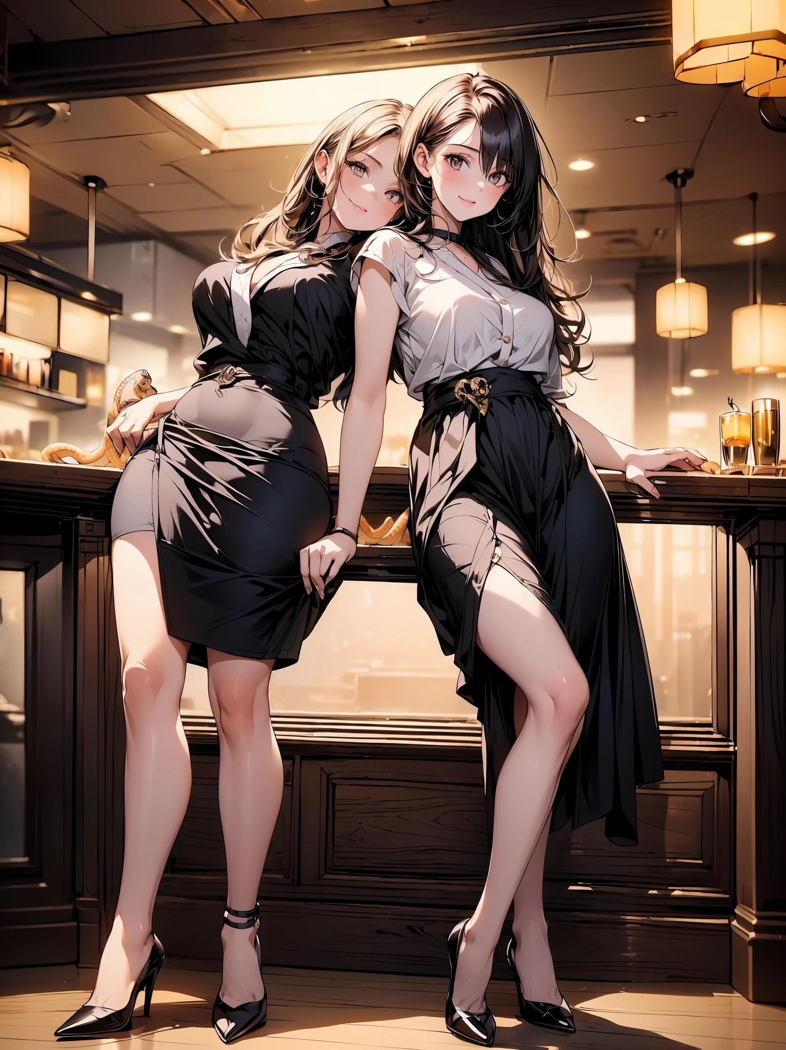 (masterpiece:1.3),(best quality, highest quality),((Full Body Shot,Including face)),4K,masterpiece,((Focus on the face)),((Symmetrical facial features)),Beautiful woman,(Slender),((High heels)),Detailed depiction of the face,In front of the bar counter,profile,Slenderな女性,Age 25,(((One cute woman))),