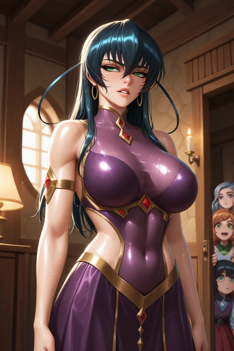 best quality, (masterpiece),(ultra-detailed), (high quality), (high resolution), (2heads:1.5) (red brown long hair), violet purple hair color, epic angle and pose, (wearing turquoise dress), extremely high detail, wide thighs, extremely detailed, beautiful alluring anime woman, beautiful succubus, beautiful female, ((full body)), majestic, cutesexyrobutts, emerald green eyes, sexy, sandals, grinning