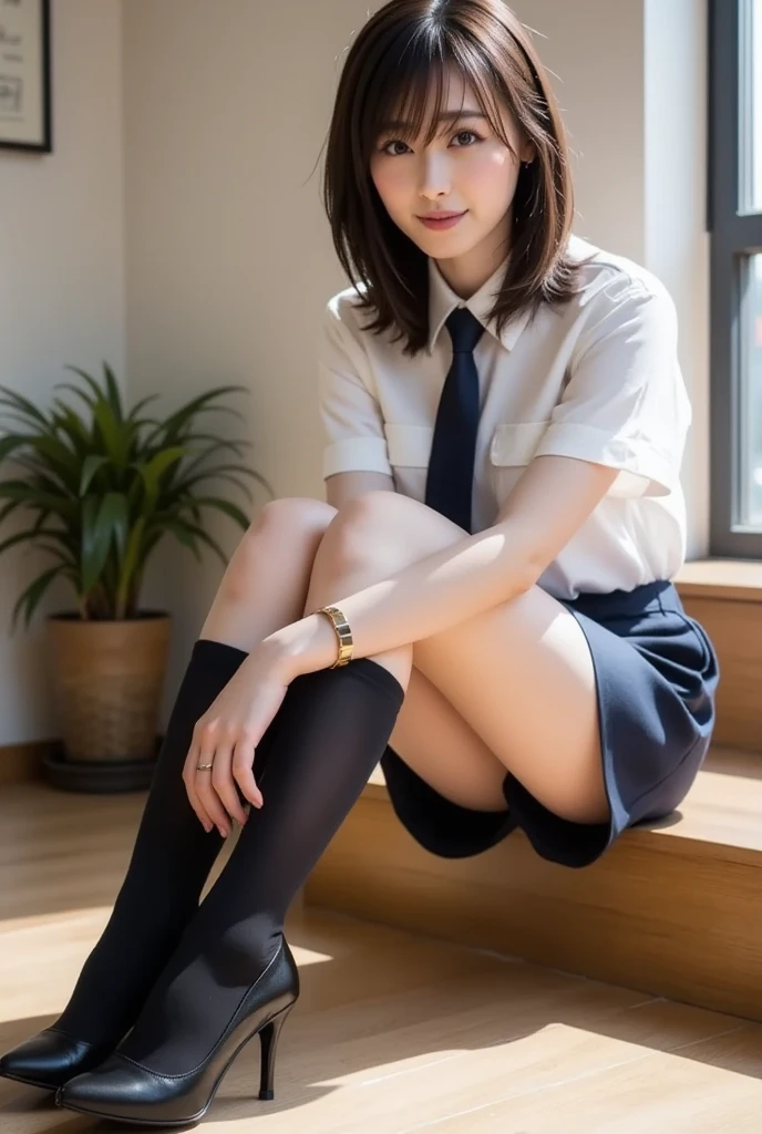 Thin white panties, Wet, Pubic hair is visible、wearing black stockings、smile、Hang your hair over your ears