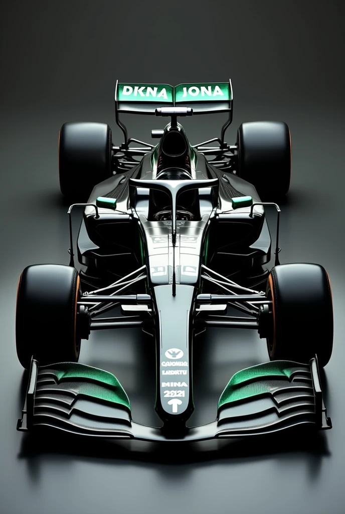 Create realistic image of a Formula 1 race car , based on current racing cars , with aerodynamic details and futuristic design ,  but realistic  , in the color black with golden yellow details , metallic red and gray , car with an aggressive and elegant look.