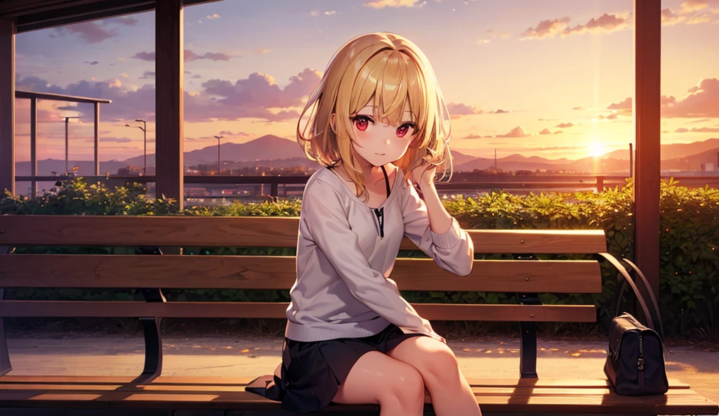 one girl, blonde short hair and bob hair、a braid, I tied my hair in a bun with a hair clip..、smile、beautiful green eyes, gentle smile on her face、flat chest, one Beautiful girl,((masterpiece, illustration, best quality) ((ultra-detailed)), looking at viewer ,outdoors, grass, sky, scenery, cloud, solo, sitting, power lines, tree, sunset, utility pole, skirt, shoes, cloudy sky, long sleeves, blue sky, fence, wide shot, day, young adult woman, very close to viewer, 濃い青とBeautiful Blueのグラデーション, High resolution, 8K HD detail, hyper-detail, cinematic, surrealism, soft light, deep field focus bokeh, ray tracing and surrealism. --v6