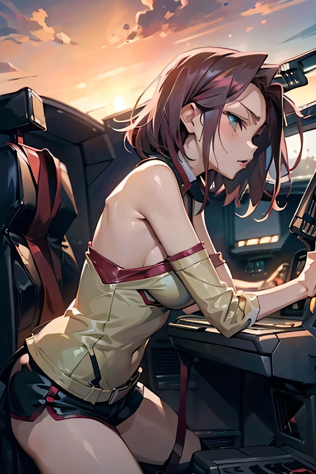 micro shorts,shorts,　serious, jitome, blush, 　(leaning forward:1.5),
(from side:1.2), side boob,
bewitching pose, heavy breathing, fog, (glistening skin:1.2),
1girl, KallenCodeGeass, (parted bangs:1.5), best quality, (cel anime),anime style, hard-edged,高解像度,鋭い焦点,
(超詳細,非常に詳細),(非常に詳細 CG unity 8k wallpaper),(鮮やかな色彩),{best illustration},
(誘惑的な目,自然な肌の質感, リアルな顔のディテール),((詳細なボディ)),(詳細な顔)),(betterhand,完璧な解剖学,５本の指),
very shiny 肌,光沢のあるボディ,(plastic glitter 肌),exaggerated shiny 肌,illuminated 肌,(巨大な胸, グラマー:1.1),
機械的な室内, (In the cockpit:1.5),scene, 暗い室内, (Beautiful sky), horizon, (Gaussian Blur),SF的な内装,