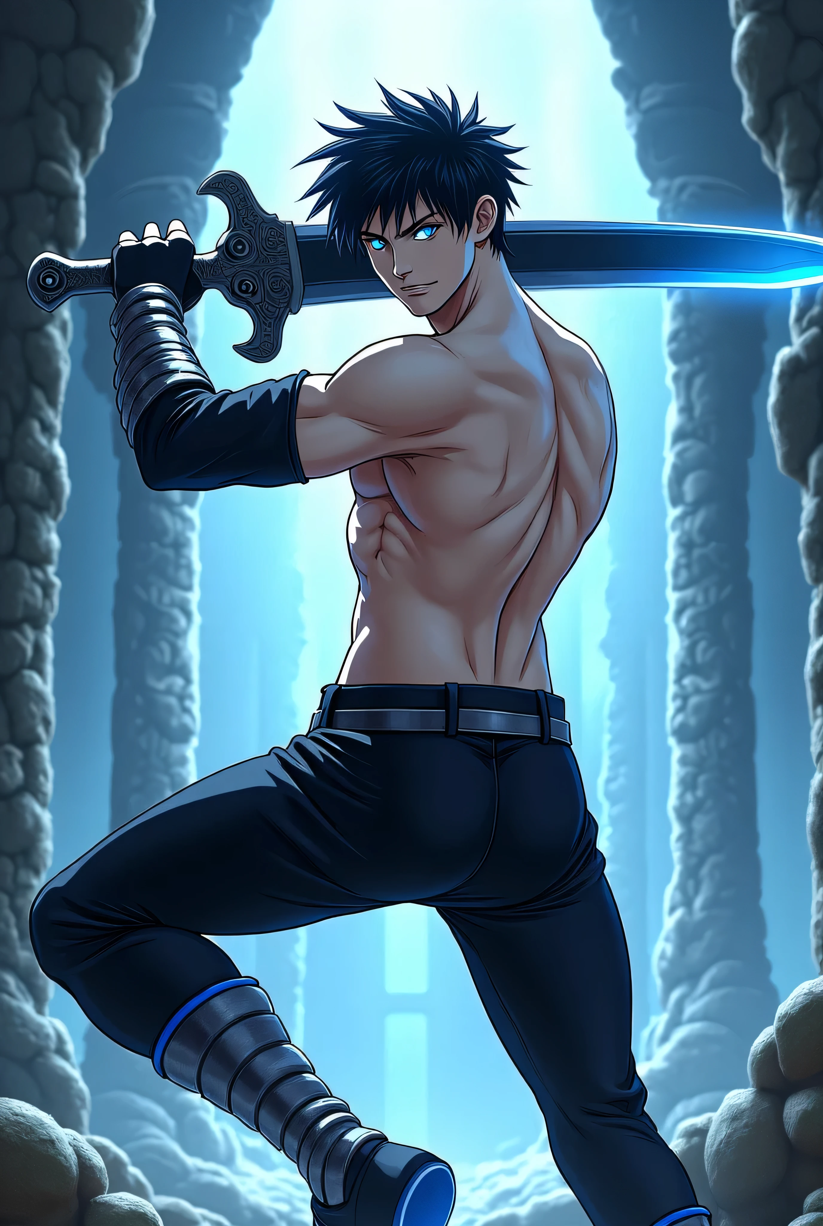 In an anime-style scene, the muscular and attractive boy with brown hair and hazel eyes stands confidently, his blindness evident in the focus of his unseeing gaze. Despite his blindness, he exudes strength and determination. He holds the Translated Dream Sword with both hands, the blade glowing with an ethereal light that hints at its mystical properties. The sword’s design is intricate, with symbols glowing faintly along the blade, signifying its connection to the dream realm. The scene emphasizes his powerful presence and deep connection with his weapon, set against a softly lit background that highlights the sword’s otherworldly aura