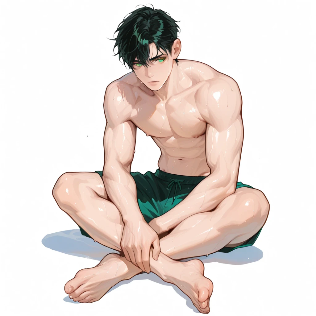 absurdres, highres, ultra detailed, HDR, master piece, Getou Suguru, black hair tied in a bun, expressive brown eyes, without shirt, Jujutsu Kaisen, toned chest, bare chest, sexy man sitting, handsome, best quality, beach, fantasy, magical, solo, water, sensual, horny, green leaves, flowers, manly man, close up