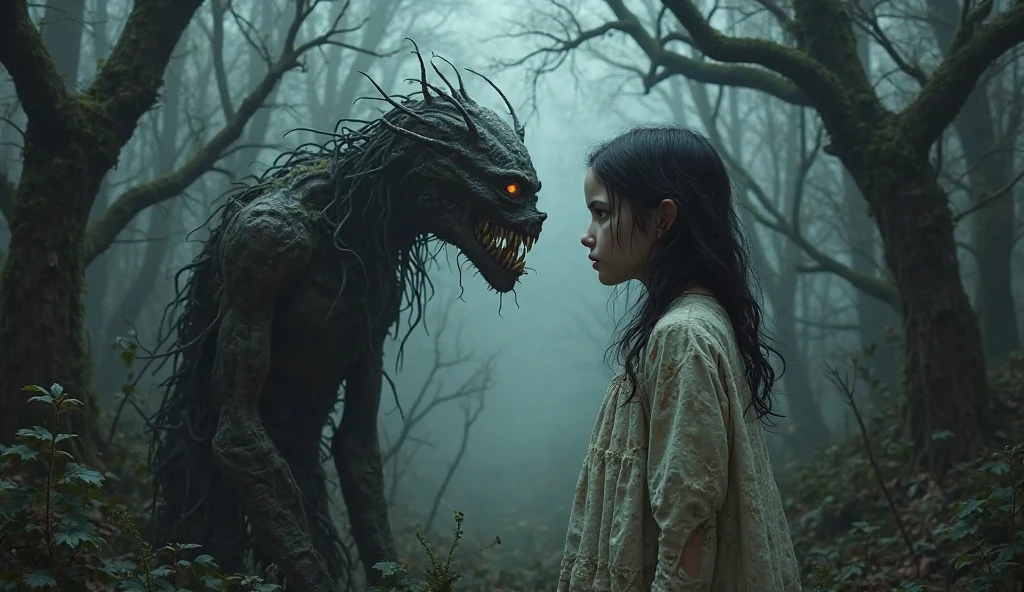 (extreme close-up) photo of a scared (19th century girl:1.2), (rainy forest:0.9), (tall grass:1.2), (giant old dead alien monster in the background:1.1), wet, sunrays, insane details, cinematic, epic realistic, intricate details, hyperdetailed, high quality, RAW, by Jakub Rozalski