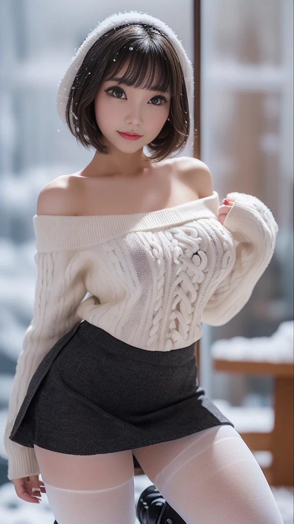 (a closeup:1.4), (RAW Photography:1.2), (Photorealsitic:1.4), (masterpiece:1.3), (top-quality:1.4), dream-like, (A detailed eye), (detailed facial features), (detailed clothes features), Clear skin, (shinny skin), (Slender and beautiful girl), (Beautiful leg lines), one girls, (FULL BODYSHOT), solo, cute little, Happy smiling face, (huge-breasted), beauty breast,bangss, Short Bob, A dark-haired,Black eye, Long Scarf, White wool sweater, off shoulders, a miniskirt, white panties,panties appearing, Snow boots, Panties are visible, obscenit,erotick, pantyshot, upskirt, back shot,