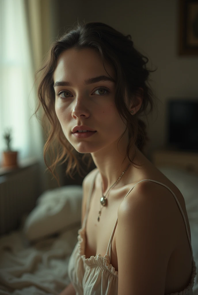 90s style short haired woman, on her back in her bedroom, side blue lighting, projected shadows, plants and bed in the background, close up shot, bokeh style, high quality photo,upper body
