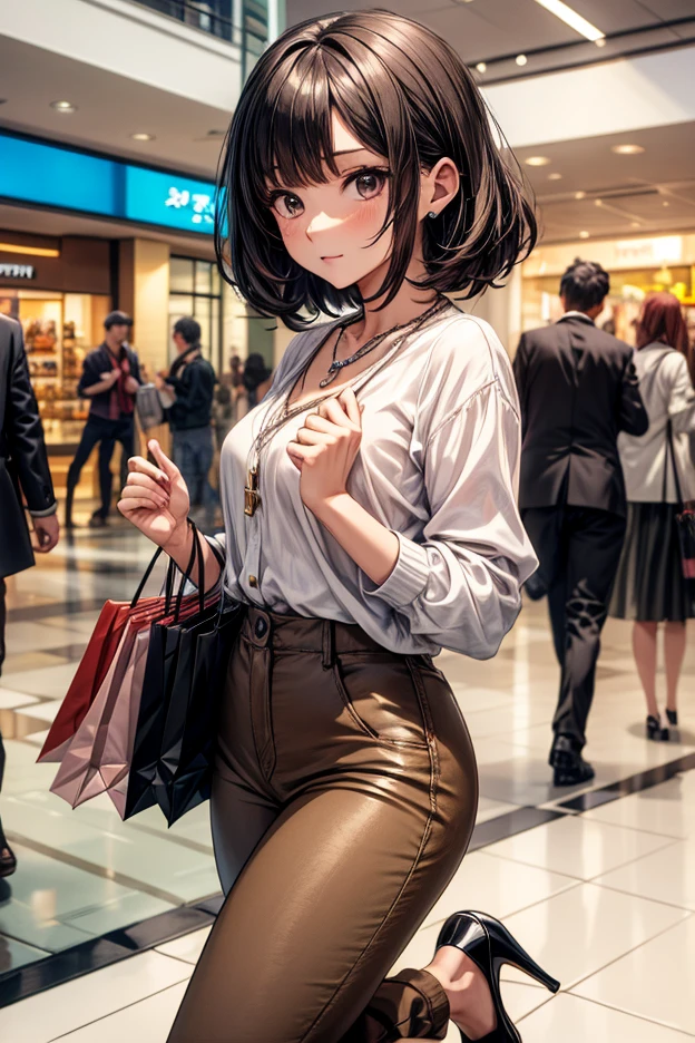 highest quality、All limbs、full finger、brown haired woman、short hair woman、(big breasted woman:1.5)、((Slender beauty))、1 female、(((A woman wearing a light brown sweater:1.3))), ((A woman wearing a black flared skirt))、(((woman wearing brown pantyhose)))、big smile、sexy pose