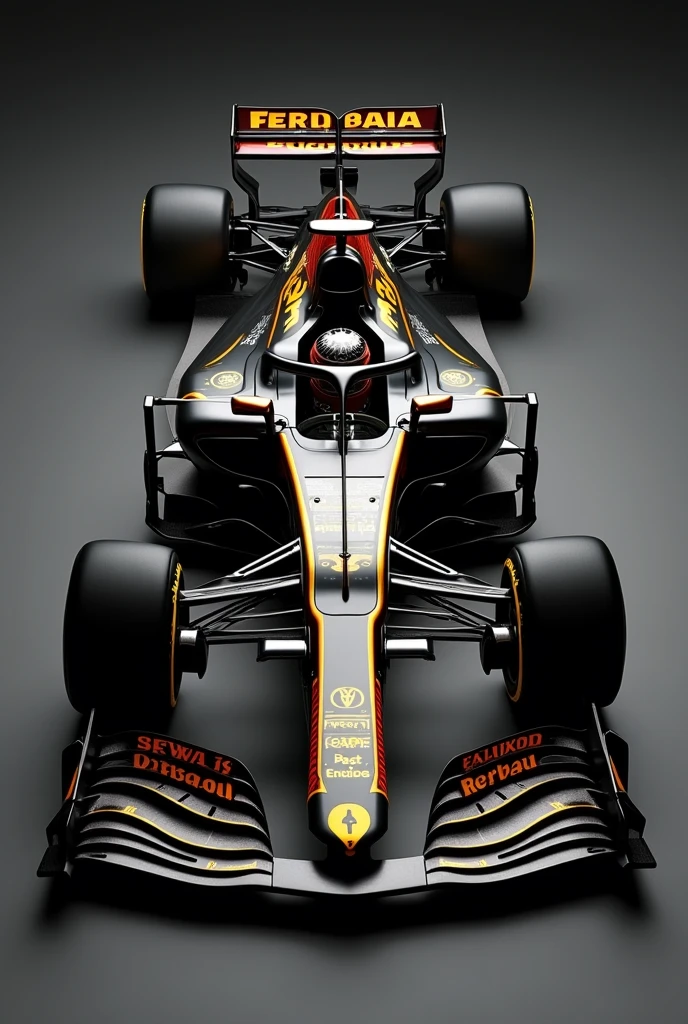 Create realistic image of a Formula 1 race car , based on current racing cars , with aerodynamic details and futuristic design ,  but realistic  , in the color black with golden yellow details , metallic red and gray , car with an aggressive and elegant look.