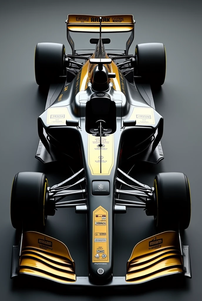 Create realistic image of a Formula 1 race car , based on current racing cars , with aerodynamic details and futuristic design ,  but realistic  , in the color black with golden yellow details , metallic red and gray , car with an aggressive and elegant look.