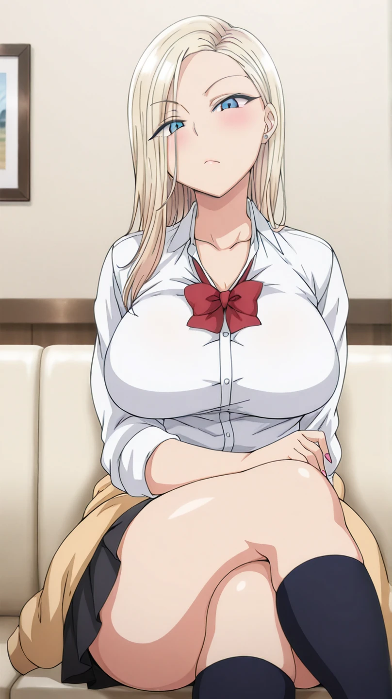 highest quality, High resolution, (huge breasts:1.2), capricious hierarchy, blonde hair, green eyes, hair intake, long hair, low-tied long hair, Glasses, blush, embarrassing, (((full nude)))big breasts, nipple, blush cheeks, breathe, Sweat, undressing, break the hetero, (hetero couple), ((Ahegao)),