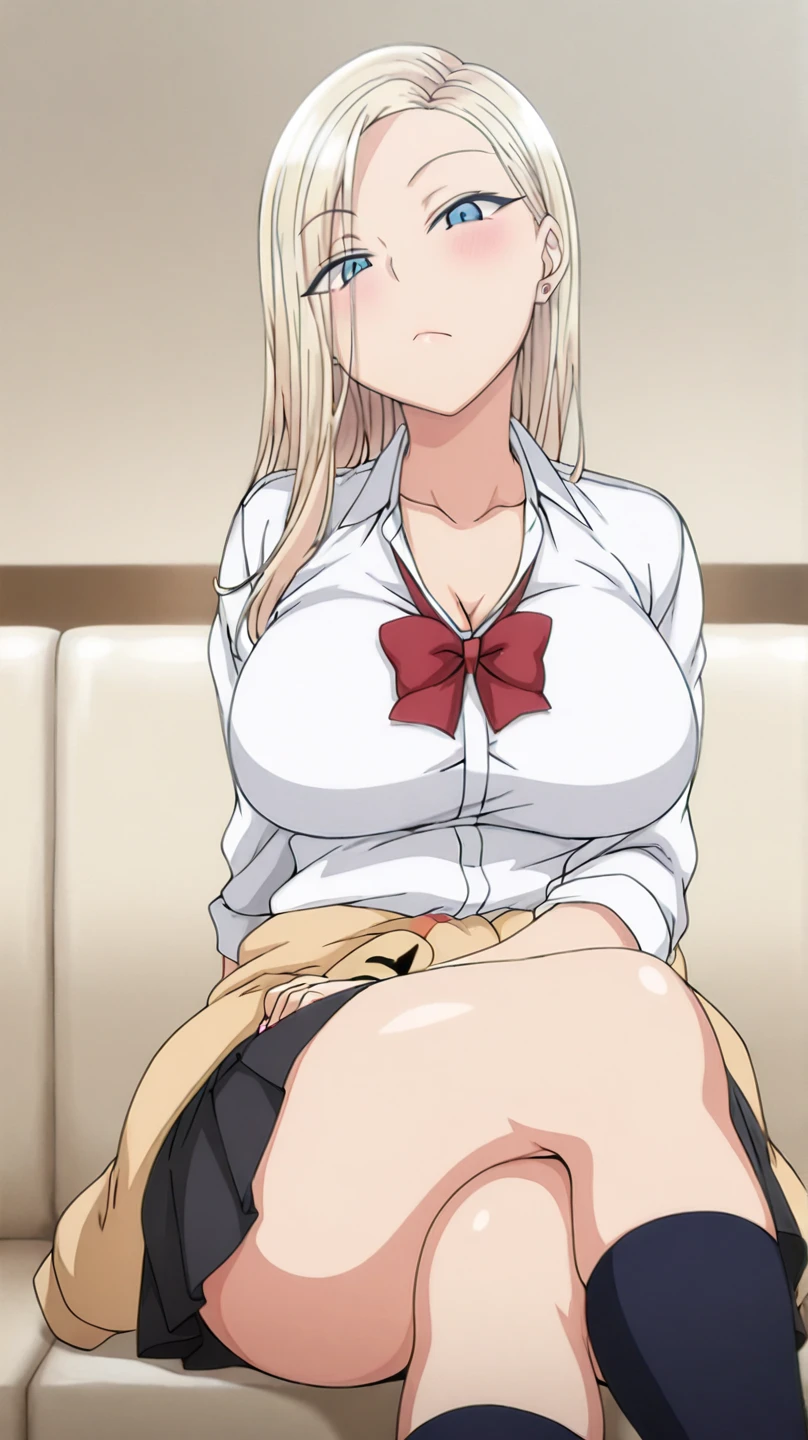 1girl,alone,Queen kurashiki,masterpiece,best quality,high resolution, blonde hair, blue eyes, long hair, parted bangs, medium breasts, medium waist, wide hips, wide thighs, serious, wide hips, narrow waist, puffy nipples, school, school uniform, white shirt, red tie, light yellow miniskirt, peek at panties, wet, wet clothes, cowboy shot, classroom, sitting, sitting at desk, legs open,