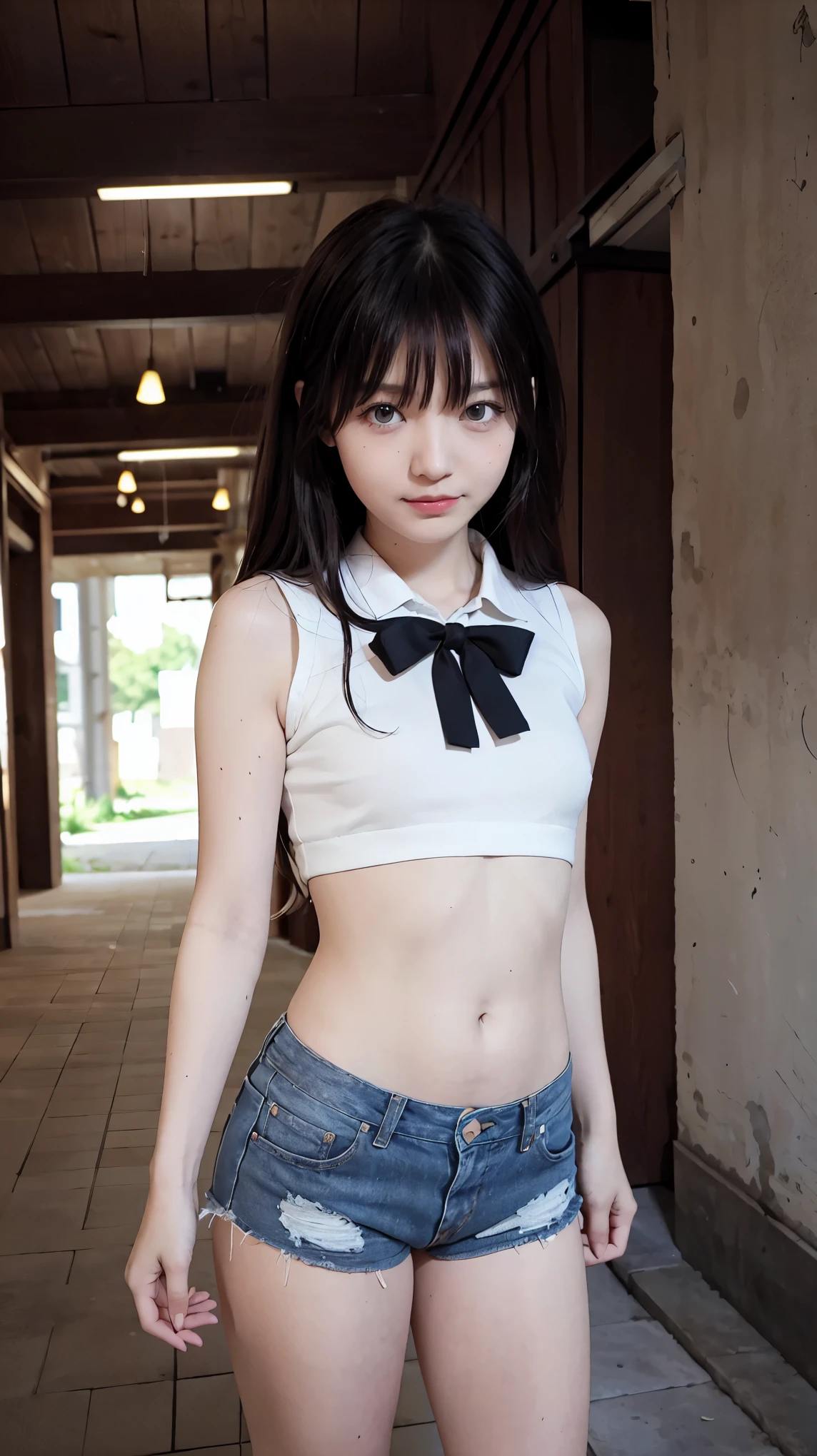 angelic face, elemental face primary;1.1 . hands behind the back , Hidden hands 1 .1, cute Japanese girl, elementary student, umbigo, sorrir, small mini breasts , caverna, localidade, dark place, Place junkyard , basement, terra, muita terra