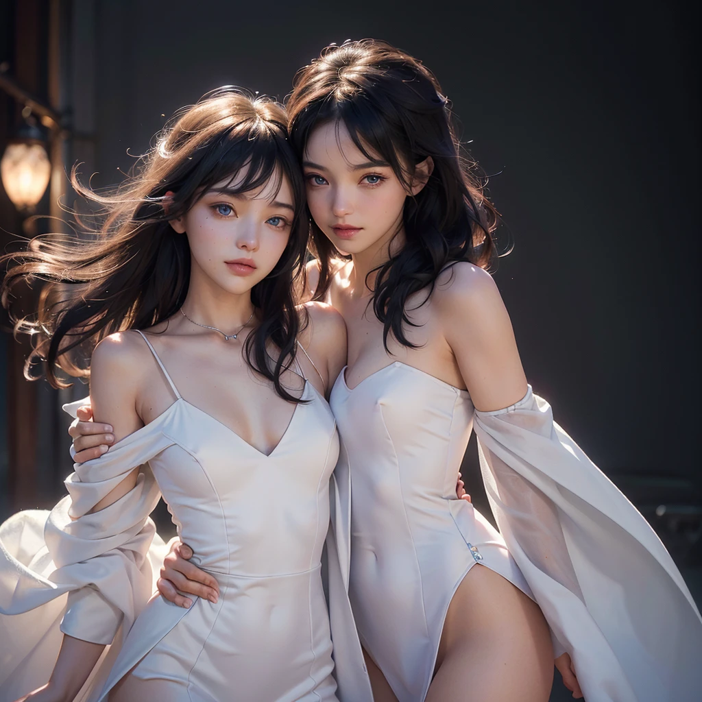 (Masterpiece:1.2),(Photorealsitic:1.5),2girls, duo,silk,satin,winter,snow,fur,outdoor,