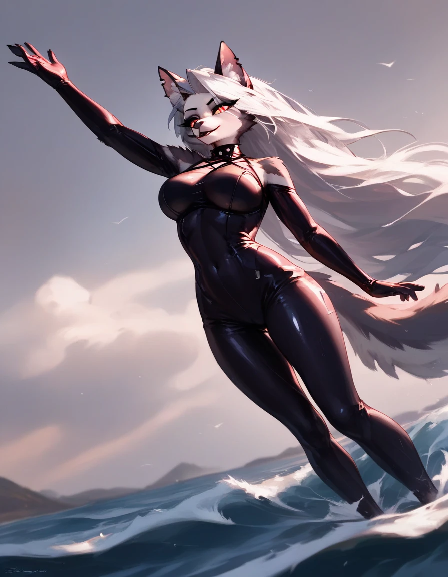 photo of anime girl on the beach with white hair and purple eyes, black bikini with and very hot with long hair with big ass, big tits, doing ass poses and looking shy