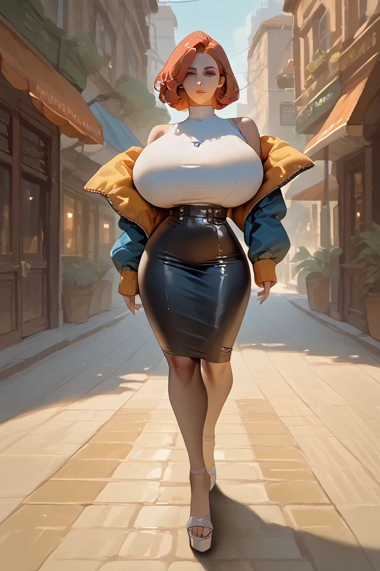 (masterpiece), best quality, 1female, 23 years old, (young girl), gorgeous face, she has short flowing light RED hair, hair straight, (short hair: 1.5), (red hair: 1.35), (messy hair), gorgeous face, red eyebrows, beautiful girl, (brown eyes: 1.35), (large breasts: 1.5), (huge breasts: 1.5), (thick thighs: 1.35), (wide hips: 1.35), (wide pelvis: 1.5), (slim waist: 1.5), big chest, (fitness girl: 1.5), curvaceous, well shaped body, (white skin: 1.35), (((wearing, black dress, long dress, elegant refinated dress, visible legs))), (tight dress: 1.35), high quality clothes, (enhance clothes details), (walking through a town, people lookong at her, sunset, summer, warm illumination background), sexy, erotic, daring, slutty, (detailed background), 8k quality, wallpaper, high quality, happy, gentle face, expressive face, (detailed face), the face is well lit, (detailed eyes), beautiful eyes, (grinning), big smile, (centered,scale to fit dimensions,Rule of thirds), highres,sharp focus,(ultra detailed,extremely detailed),(photorealistic artwork:1.37),(extremely detailed CG unity 8k wallpaper), (((vibrant colors,vibrant theme))), (gigantic breasts: 1.35), (enhance anatomy), perfect proportionate body, (intricate image), thigh high, (sexy pose), standing on your feet, (dynamic pose: 1.5), perfect proportionate body, (medium full shot), sensual girl
