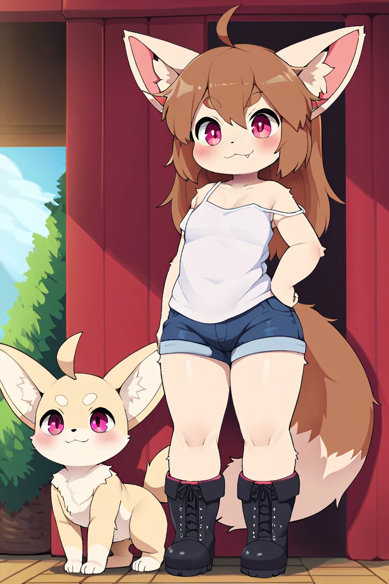 boy and girl, squirrel, furry, bodyfur, tail, collar, bra, bottomless, gloves, boots, chibi, sparkling eyes, idol, hair bow, happy, full body, penis, testicles, park, some perfect pussy, side by side
