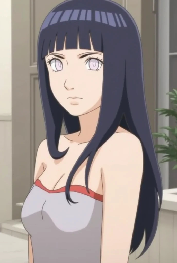 A beautiful mature woman, 34 years old, Hinata Hyuuga Uzumaki, character from Boruto: Next Generations, detailed realistic portrait, large breasts, short dark hair, wearing housewife clothes, pale skin, serene expression, intricate detailed face, delicate features, beautiful eyes, cinematic lighting, photorealistic, digital art