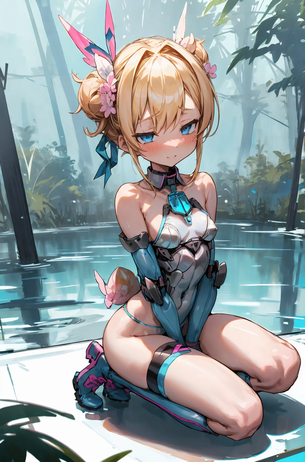 (flabbergasted), asuna ba, looking at viewer, large breasts, ribbon, long hair, light brown hair, smile, ass visible through thighs, hair over one eye, strapless, blue bowtie, black pantyhose,playboy bunny, gloves,animal ears, mole, covered navel, fake animal ears, mole on breast, white gloves,highleg leotard,strapless leotard, bare shoulders, pantyhose, traditional bowtie, rabbit ears,detached collar, bowtie, thighband pantyhose, blue leotard, blue bow, cleavage,high-heels,blue high-heels , halo, solo, blue eyes, 1girl, panties,white background,simple background, show off nipple,REGULAR CROSS HARITSUKE, WOOD CROSS, V LEGS, FOLDED, WRISTS TO ANKLES, BOUND WRISTS, BOUND ANKLES, girl in crucified,full body,